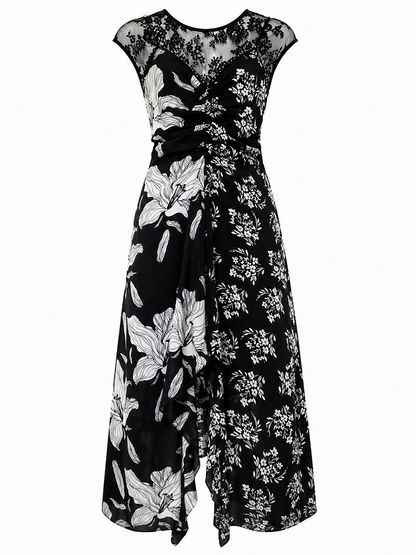【新品DRESS 2762】モノトーン花柄レース切替フロントスリットミディアムドレス ブラック Sサイズ【GUESS】